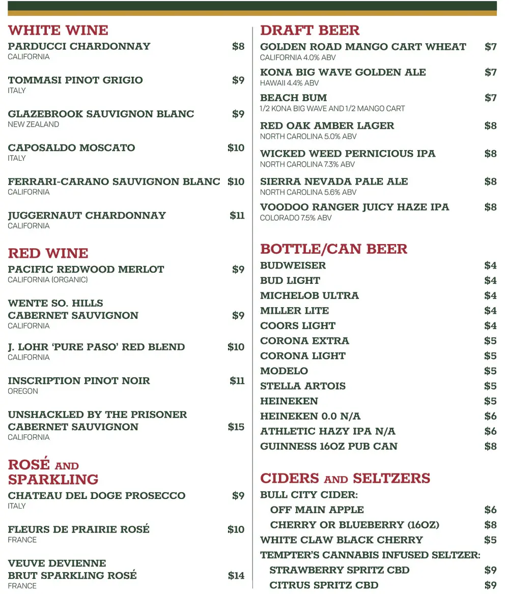 Summer wine and beer menu