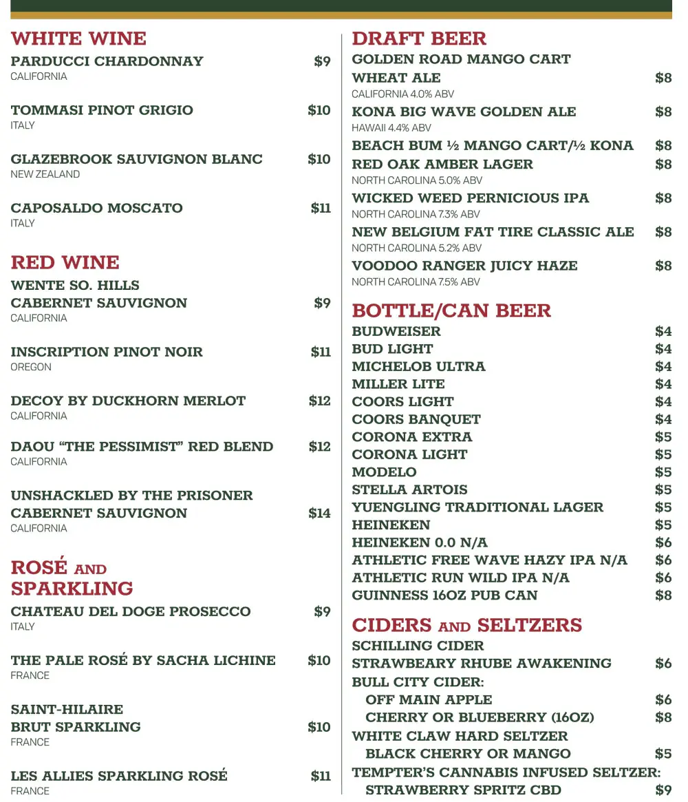 Wine and beer menu