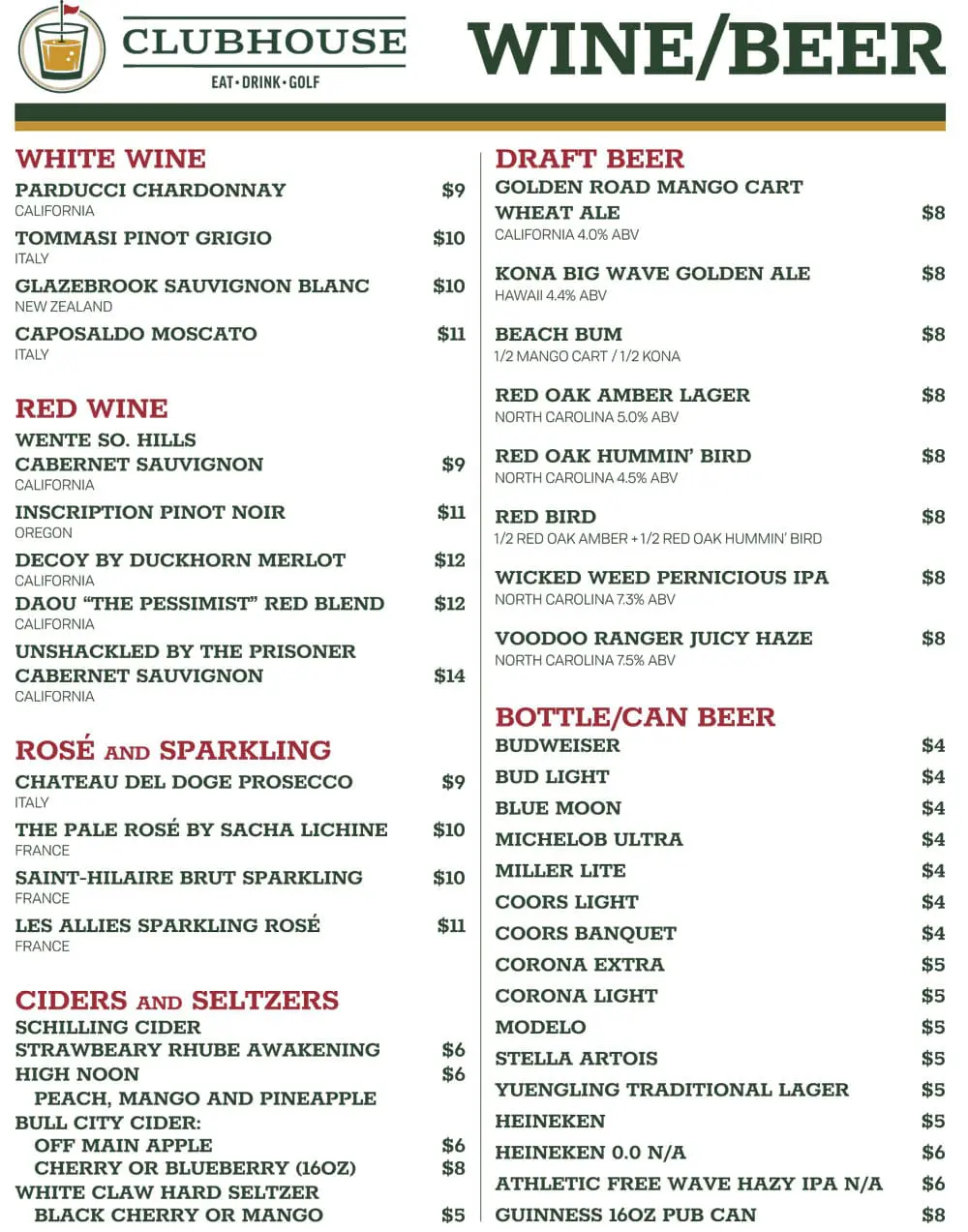 Wine and beer menu